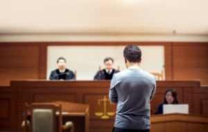 A snapshot of a person standing before a judge in a courtroom, highlighting the legal elements involved in an abduction charge.